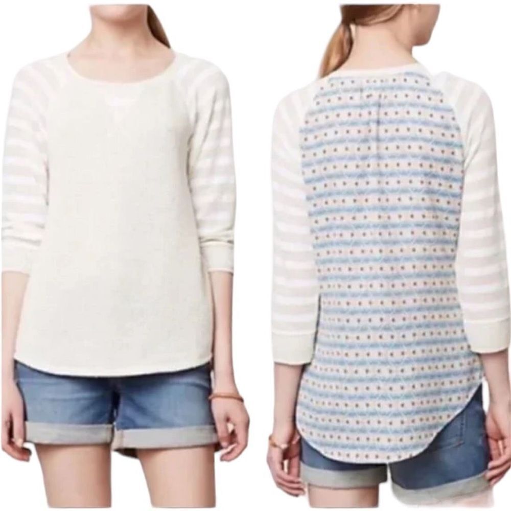 Anthropologie One September Sweater Cream Knit 3/4 Sleeve Blouse Size Small